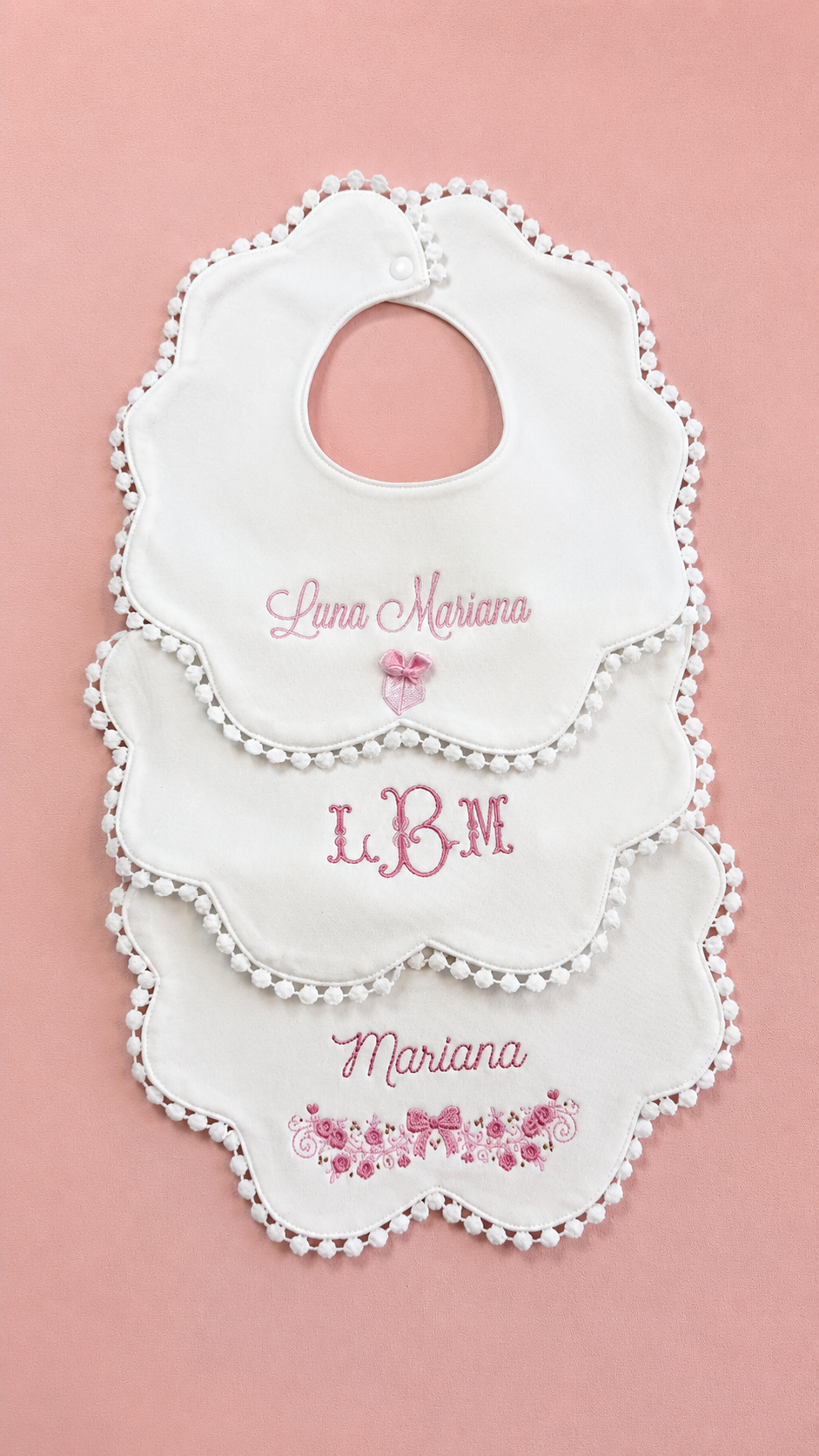 Personalized name bib from Baby Girl Embroidered Bib Trio