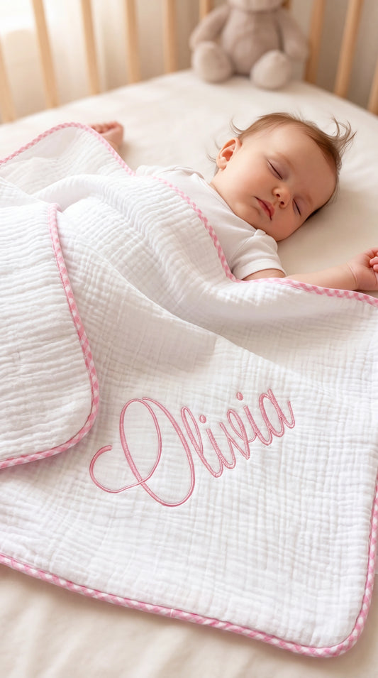 3-piece muslin lovey, burp cloth, and blanket set in pink gingham, flat lay