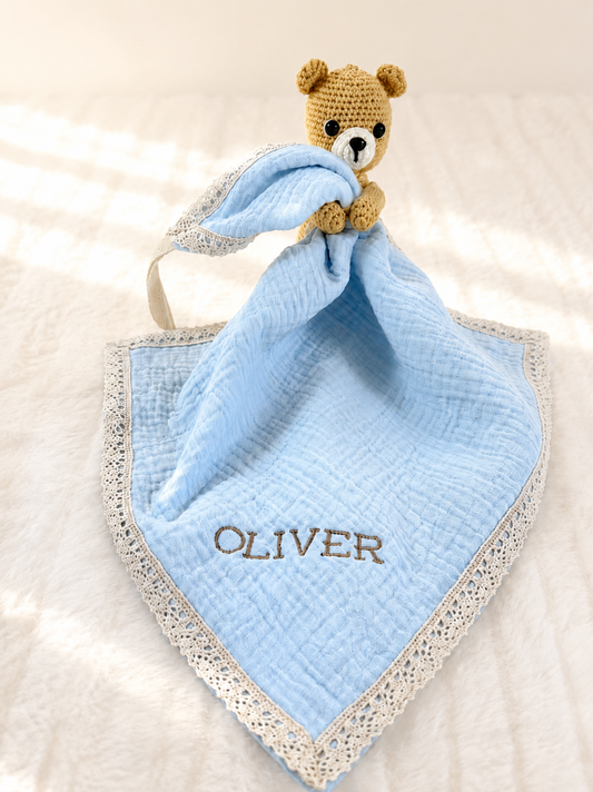 Muslin Pacifier Lovey with Lace Trim styled detail shot