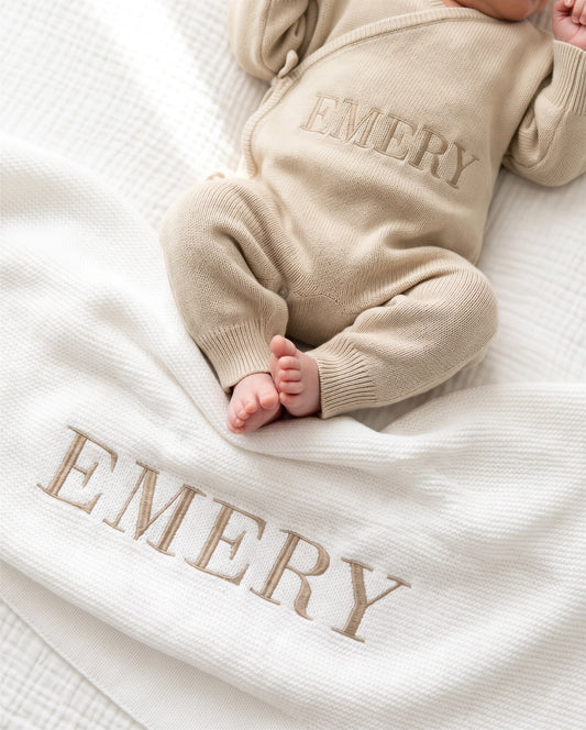 Personalized classic knit baby blanket with embroidered name in Emery colorway
