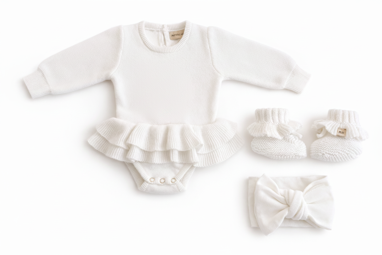 Personalized Soft Ivory newborn outfit set with embroidered name, including ballerina romper, booties, and headband