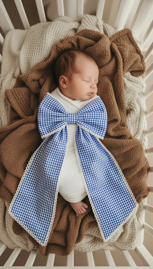 Royally Perfect Bow Sash with Lace Gingham Applique embroidery, pre-made bow detail
