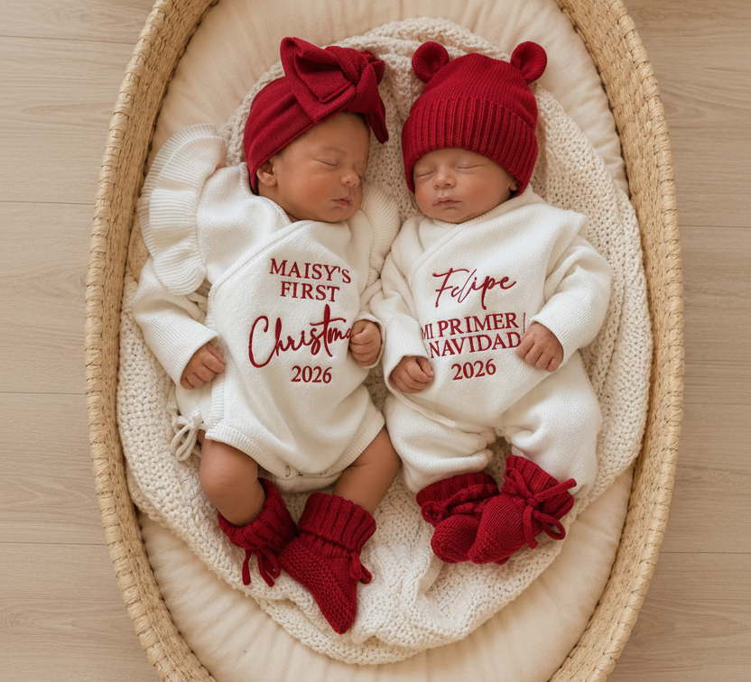 Two newborn babies lying side by side in a woven oval basket, wearing matching white long-sleeve bodysuits with red holiday text and red knit hats and booties. The scene is styled with a Christmas tree, wrapped gifts, and a light wood floor.