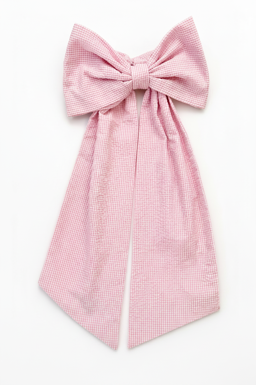 Personalized newborn name sash in pink seersucker cotton fabric with oversized bow and embroidered monogram, baby hospital announcement sash keepsake gift for newborn girl