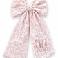 Personalized newborn name sash in pink floral toile fabric with oversized bow and embroidered monogram, baby hospital announcement sash keepsake gift for newborn girl