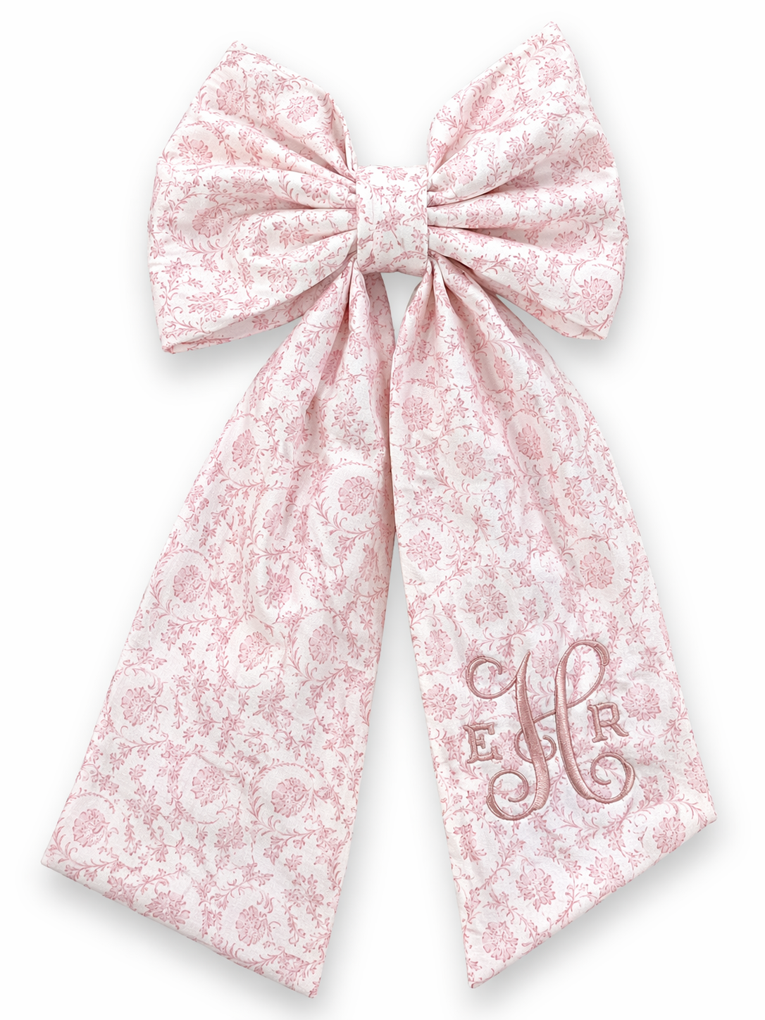 Personalized newborn name sash in pink floral toile fabric with oversized bow and embroidered monogram, baby hospital announcement sash keepsake gift for newborn girl