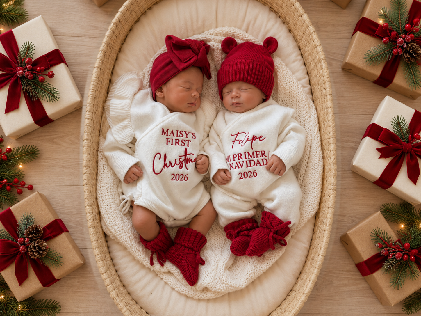 Two newborn babies wearing matching white Christmas-themed bodysuits and red knit hats and booties, lying side by side in a woven basket. The baby on the left wears a red bow hat and reads 'Maisy's First Christmas 2026,' while the baby on the right wears a bear-ear hat and reads 'Felipe Primer Navidad 2026.