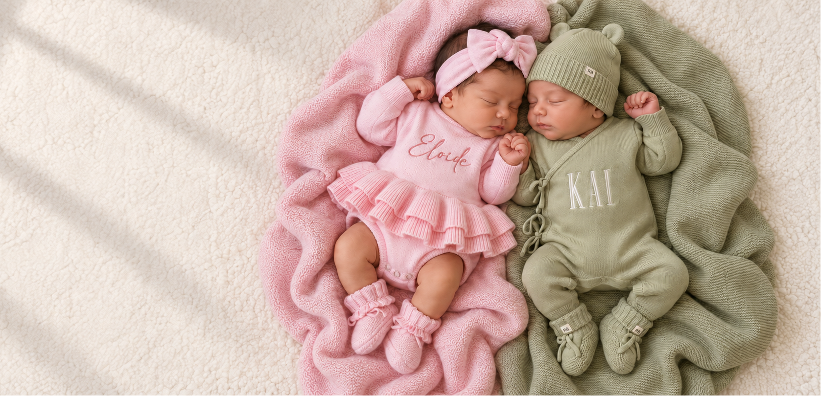 Two newborn babies lying side by side on soft blankets. The baby on the left wears a pink ruffled outfit with a matching bow headband, and the baby on the right wears an olive green knit outfit with a matching beanie.