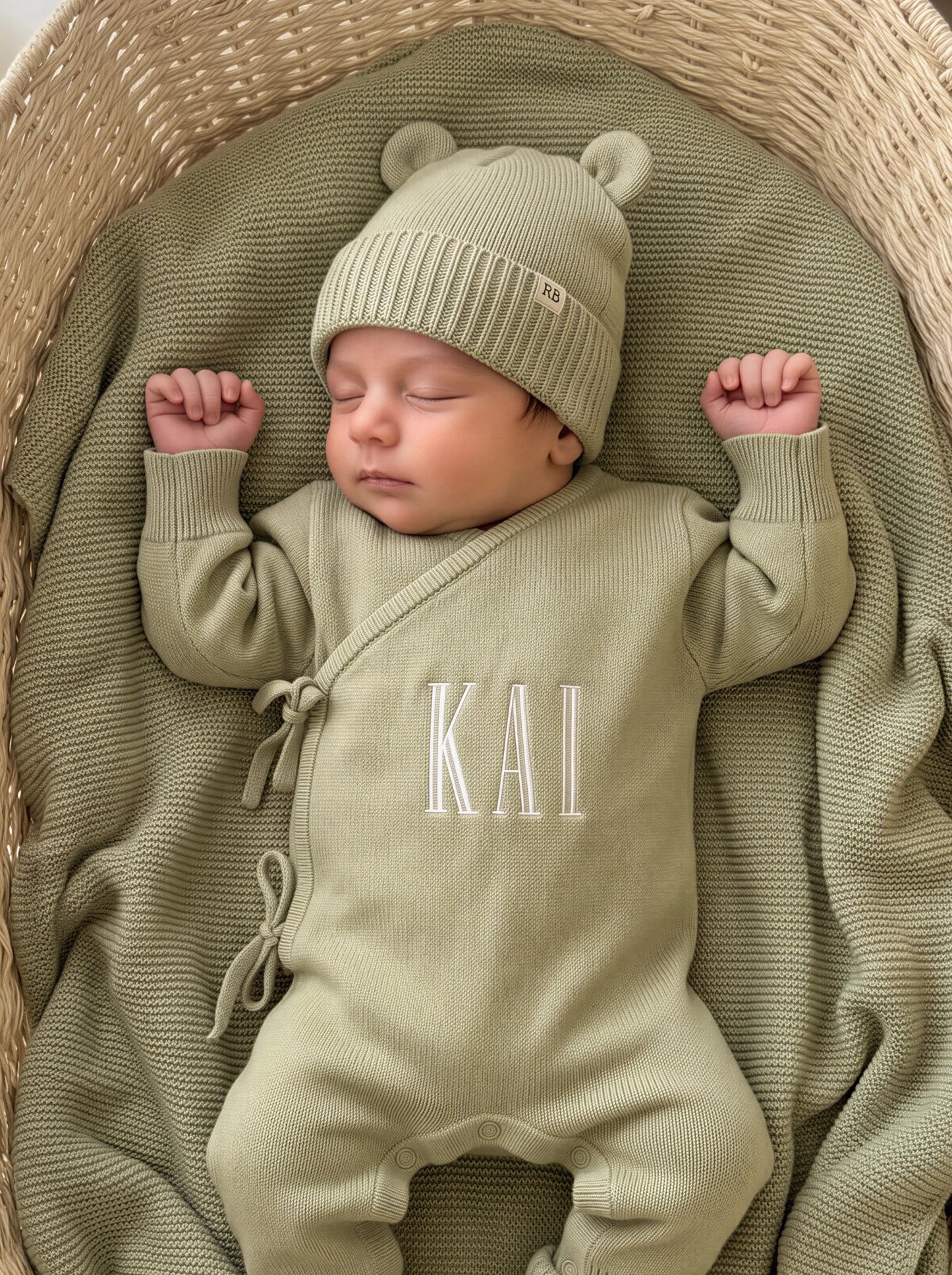 Newborn wearing a personalized Soft Sage kimono romper with matching bear-ear hat and knit booties on a coordinating knit blanket.