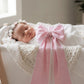 Lace Gingham Applique Bow Sash in pink, flat lay