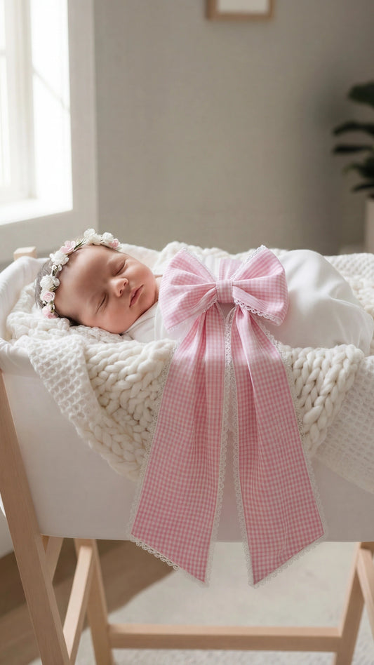 Lace Gingham Applique Bow Sash in pink, flat lay