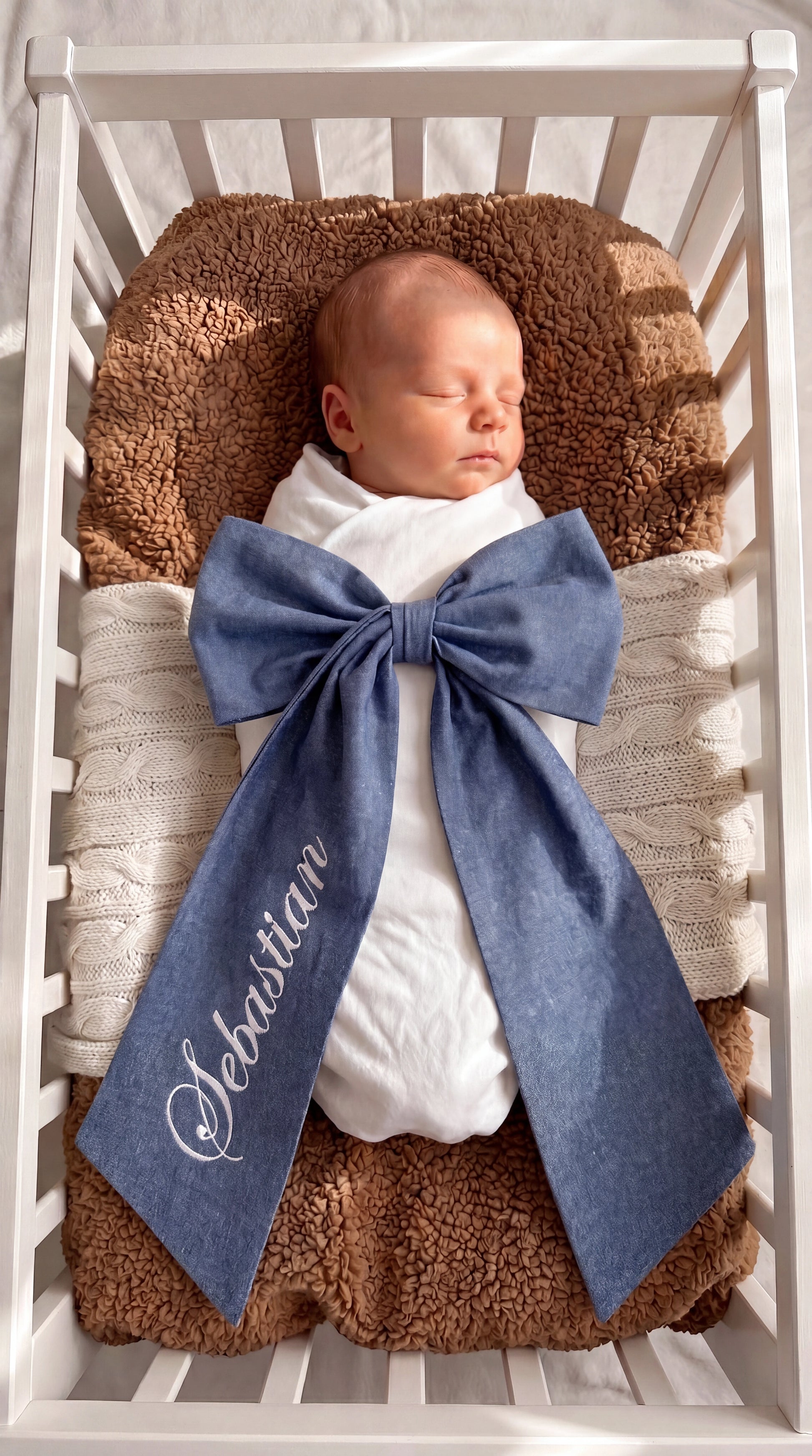 Royally Perfect Bow Sash with Full Name Newborn Embroidery, pre-made bow detail