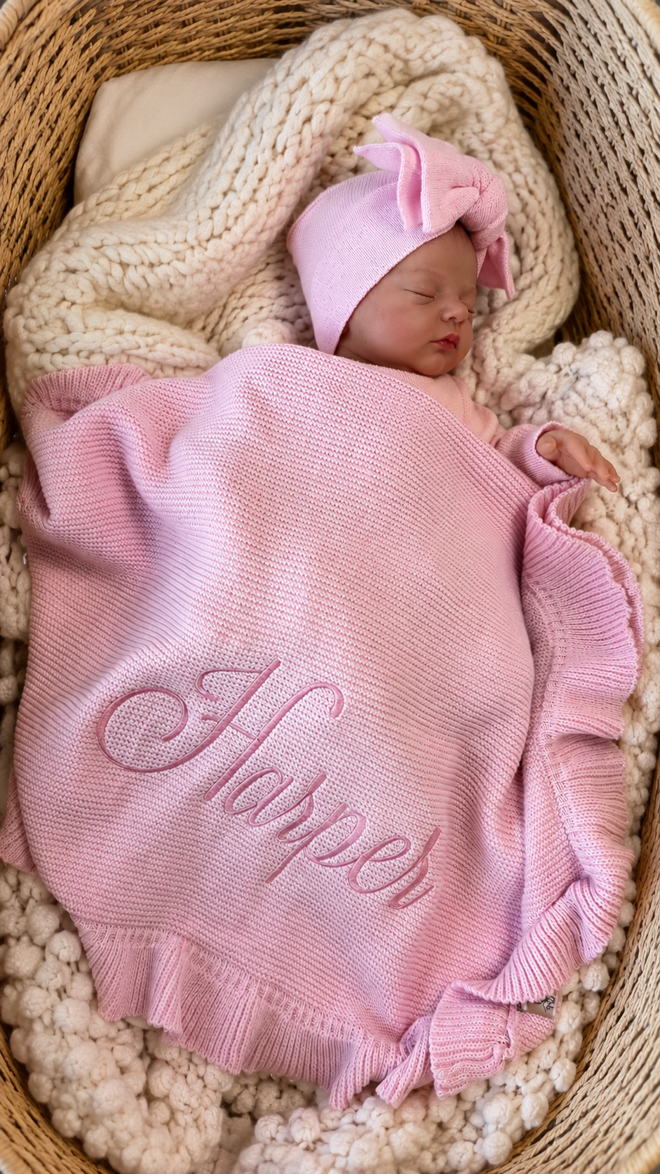 Newborn in a petal pink Ballerina long romper and bow headwrap, tucked beneath a personalized ruffle knit blanket in a bassinet.