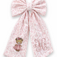 Personalized newborn name sash in pink floral toile fabric with oversized bow and embroidered monogram, baby hospital announcement sash keepsake gift for newborn girl 