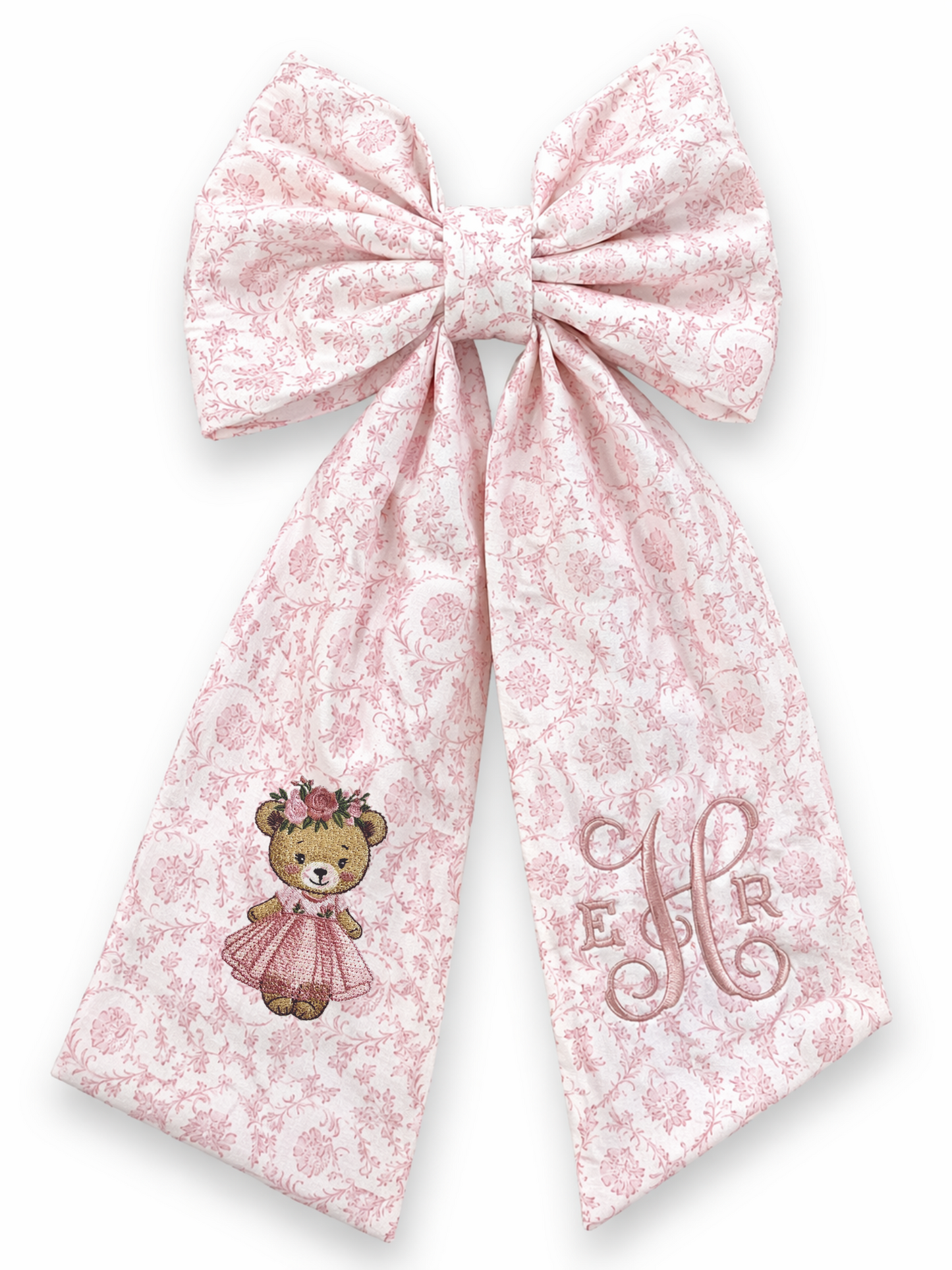 Personalized newborn name sash in pink floral toile fabric with oversized bow and embroidered monogram, baby hospital announcement sash keepsake gift for newborn girl 