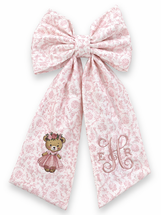 Personalized newborn name sash in pink floral toile fabric with oversized bow and embroidered monogram, baby hospital announcement sash keepsake gift for newborn girl 