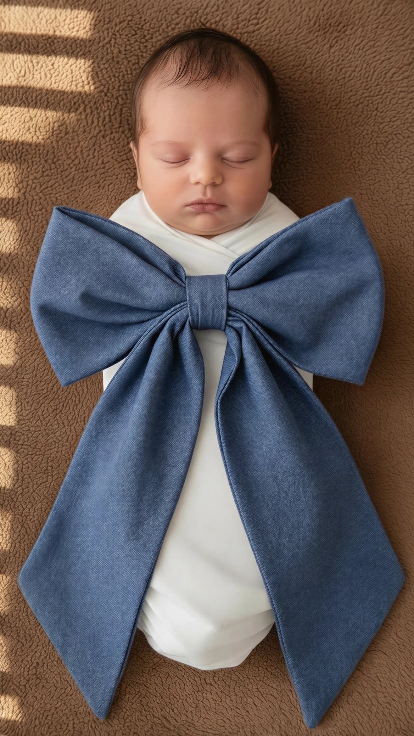 Newborn baby wearing personalized blue denim look cotton sash with oversized bow, soft hospital announcement outfit keepsake gift for baby boy