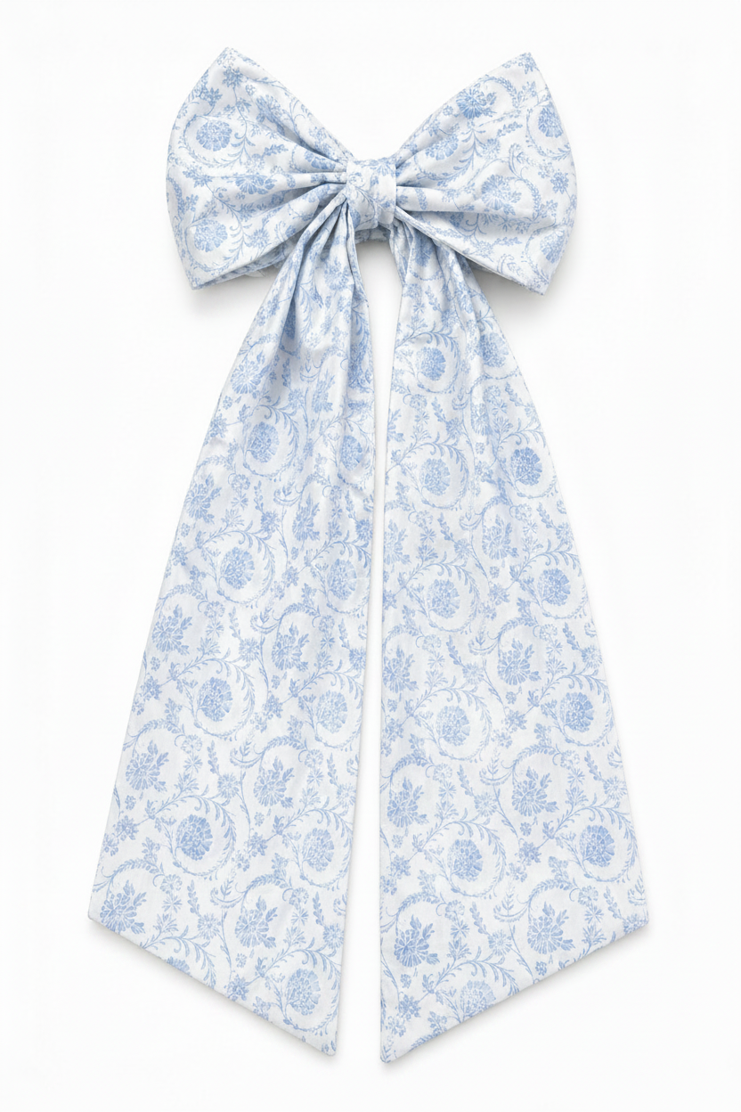 Personalized newborn name sash in blue floral toile fabric with oversized bow and embroidered monogram, baby hospital announcement sash keepsake gift for newborn boy