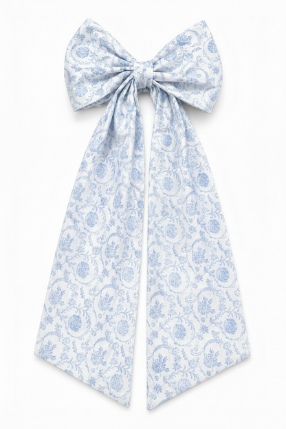Personalized newborn name sash in blue floral toile fabric with oversized bow and embroidered monogram, baby hospital announcement sash keepsake gift for newborn boy