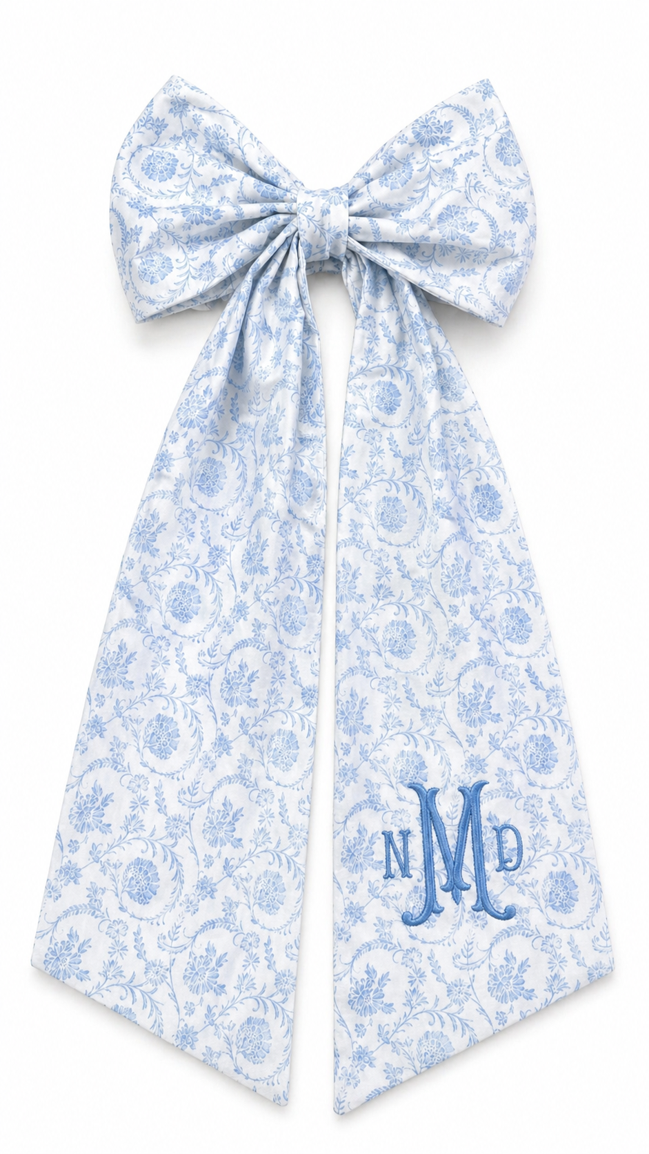 Personalized newborn name sash in blue floral toile fabric with oversized bow and embroidered monogram, baby hospital announcement sash keepsake gift for newborn boy