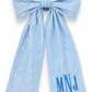 Personalized newborn name sash in blue striped cotton fabric with oversized bow and embroidered monogram, baby hospital announcement sash keepsake gift for newborn boy