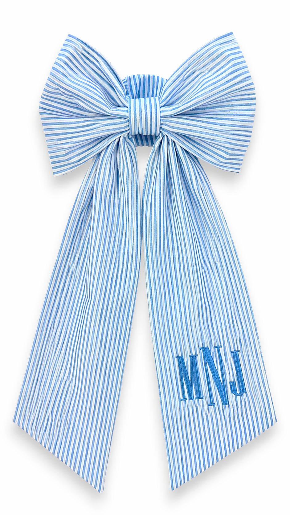 Personalized newborn name sash in blue striped cotton fabric with oversized bow and embroidered monogram, baby hospital announcement sash keepsake gift for newborn boy