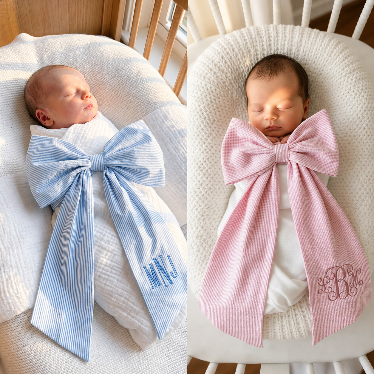Two babies swaddled in large royally baby bows sashes with monogrammed initials, one in blue and the other in pink.