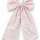 Personalized newborn name sash in pink floral toile fabric with oversized bow and embroidered monogram, baby hospital announcement sash keepsake gift for newborn girl