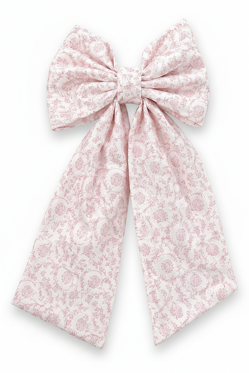 Personalized newborn name sash in pink floral toile fabric with oversized bow and embroidered monogram, baby hospital announcement sash keepsake gift for newborn girl