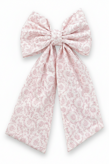 Personalized newborn name sash in pink floral toile fabric with oversized bow and embroidered monogram, baby hospital announcement sash keepsake gift for newborn girl