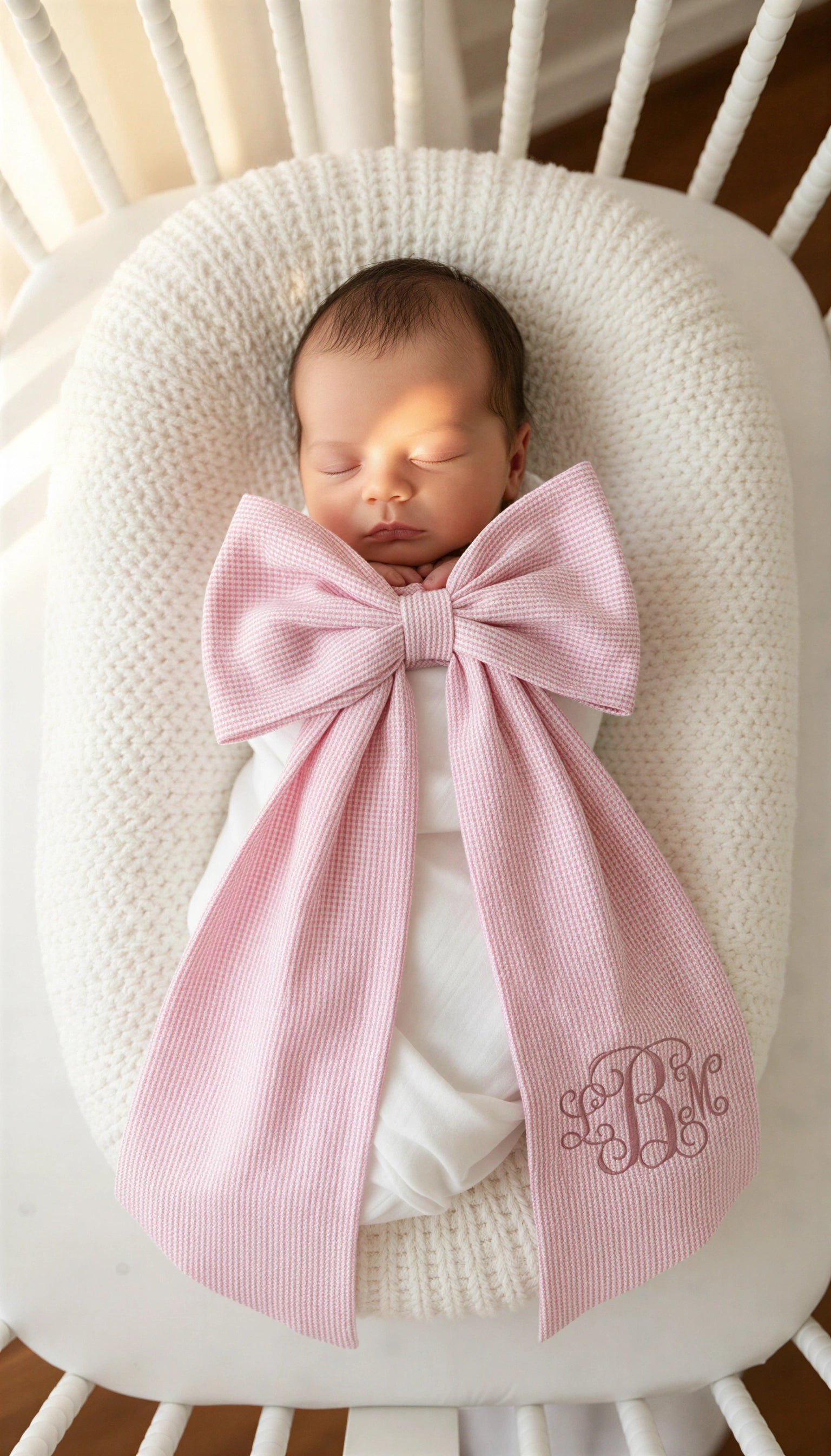 Newborn baby wearing personalized pink name sash with oversized bow and embroidered monogram, soft cotton baby hospital announcement outfit keepsake gift