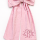 Personalized newborn name sash in pink seersucker cotton fabric with oversized bow and embroidered monogram, baby hospital announcement sash keepsake gift for newborn girl