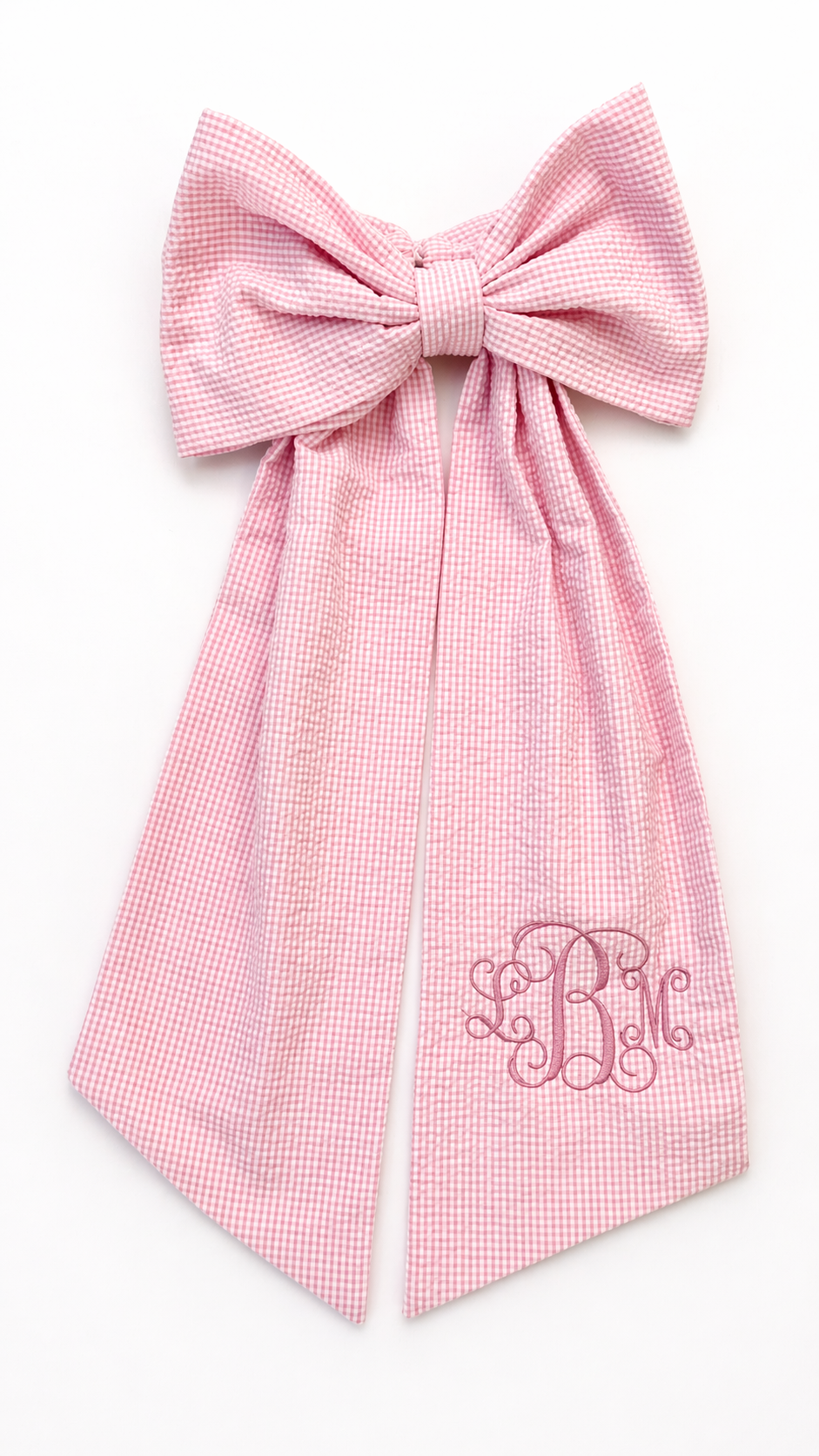 Personalized newborn name sash in pink seersucker cotton fabric with oversized bow and embroidered monogram, baby hospital announcement sash keepsake gift for newborn girl