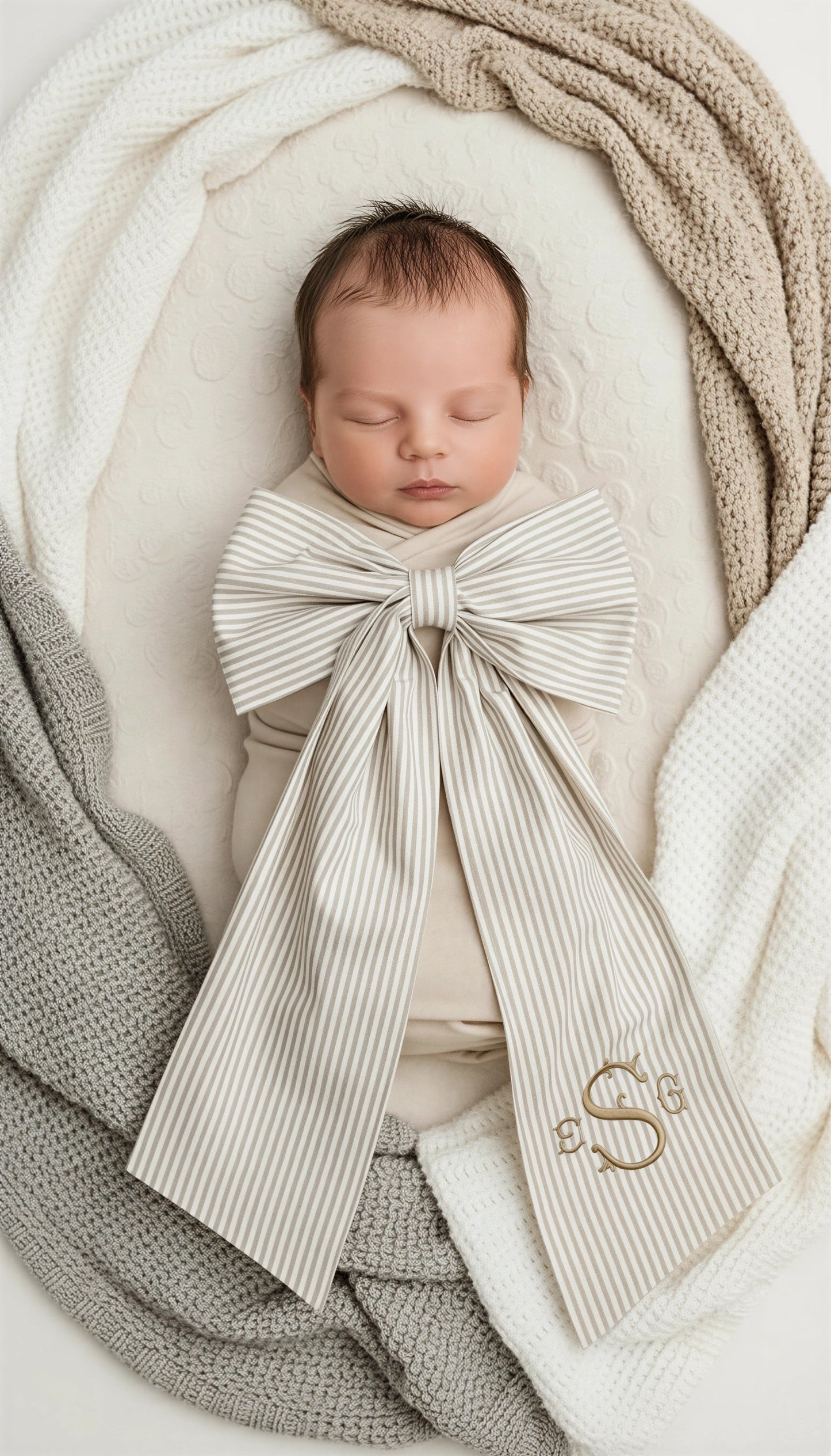 Newborn baby wearing personalized name sash with oversized bow, neutral striped fabric for hospital announcement photo