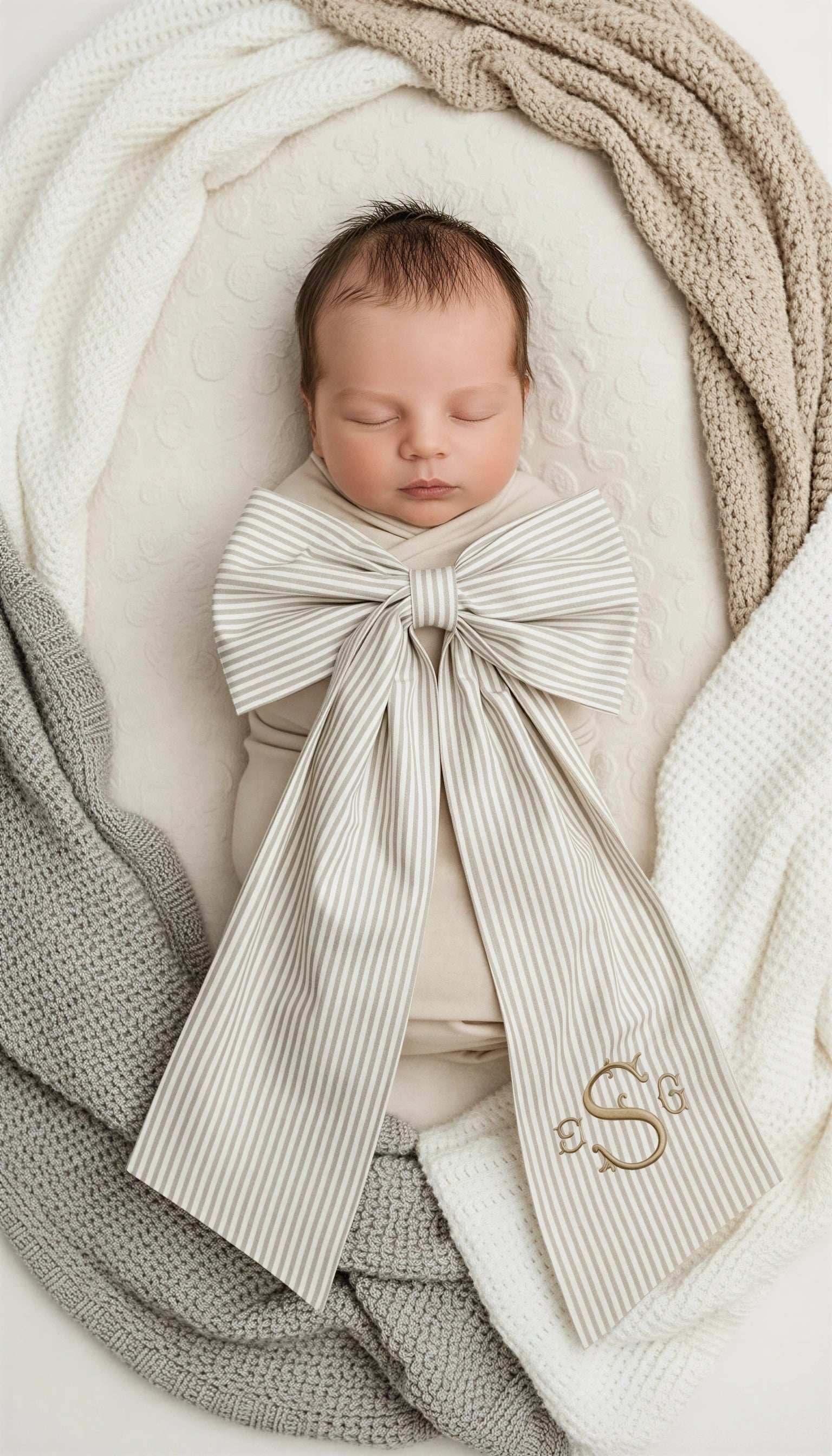 Newborn baby wearing personalized name sash with oversized bow, neutral striped fabric for hospital announcement photo