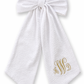 Personalized newborn name sash in white seersucker textured cotton fabric with oversized bow and gold embroidered monogram, baby hospital announcement sash keepsake gift for newborn