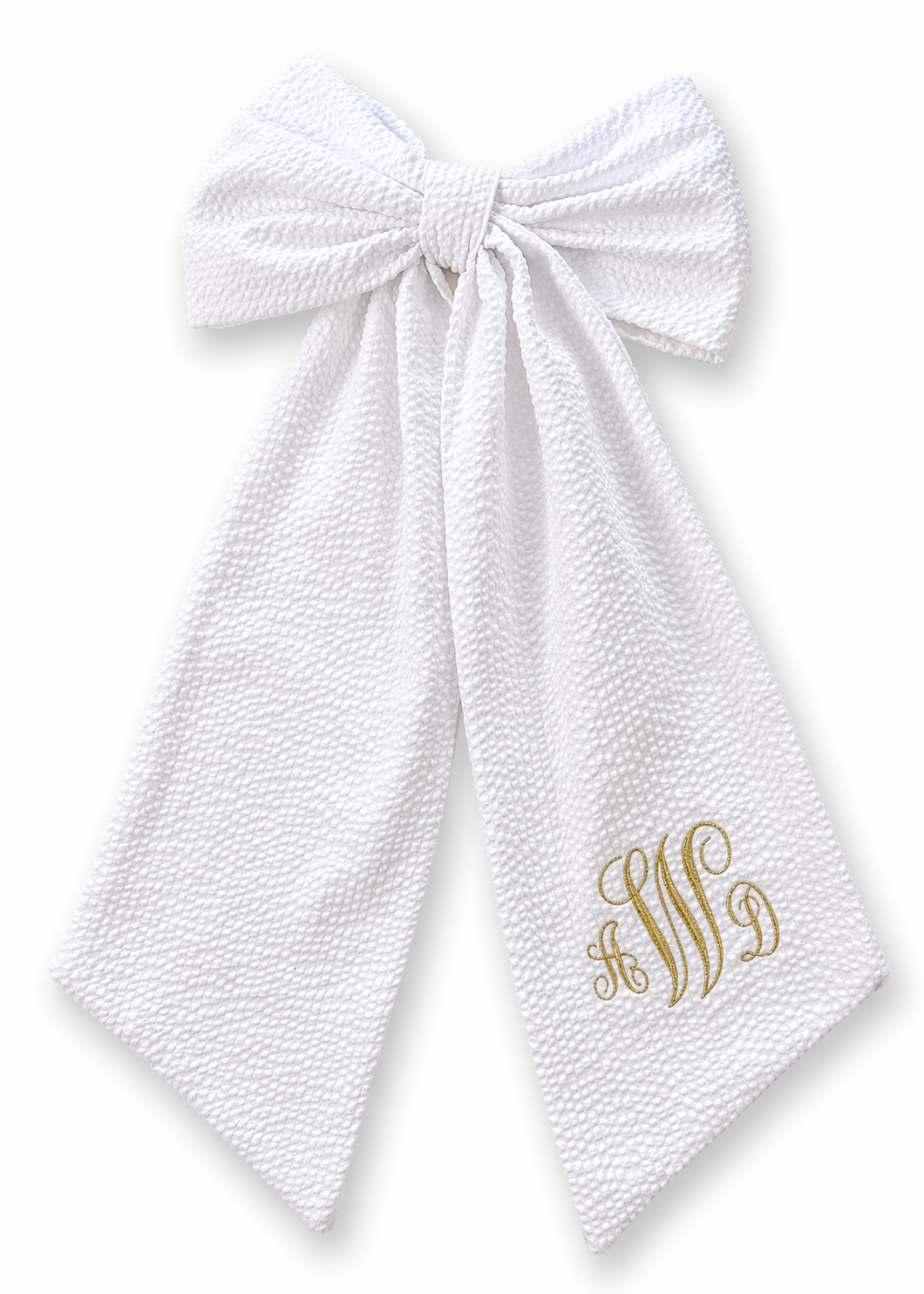 Personalized newborn name sash in white seersucker textured cotton fabric with oversized bow and gold embroidered monogram, baby hospital announcement sash keepsake gift for newborn