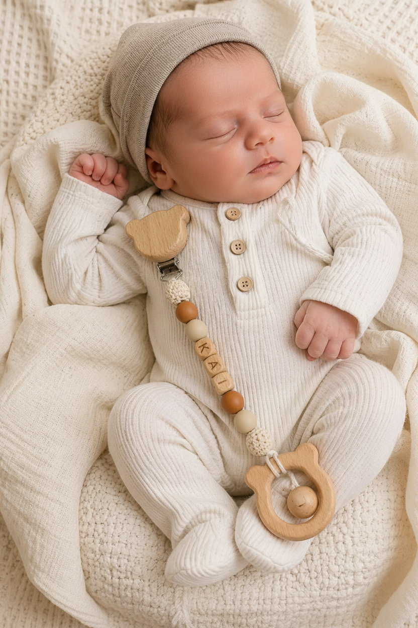 Newborn baby wearing a personalized pacifier clip with name beads and wooden teether, a practical and thoughtful baby essential