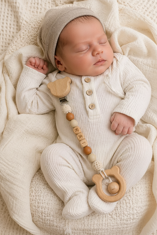 Newborn baby wearing a personalized pacifier clip with name beads and wooden teether, a practical and thoughtful baby essential