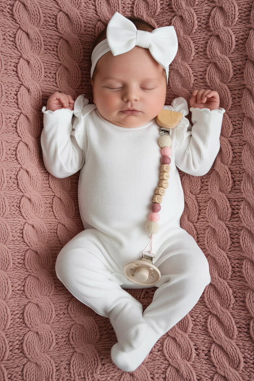 Personalized pacifier clip with name beads on newborn baby girl lying on a pink knit blanket