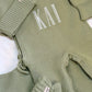 Soft Sage personalized wrap romper with matching bear-ear hat and knit booties