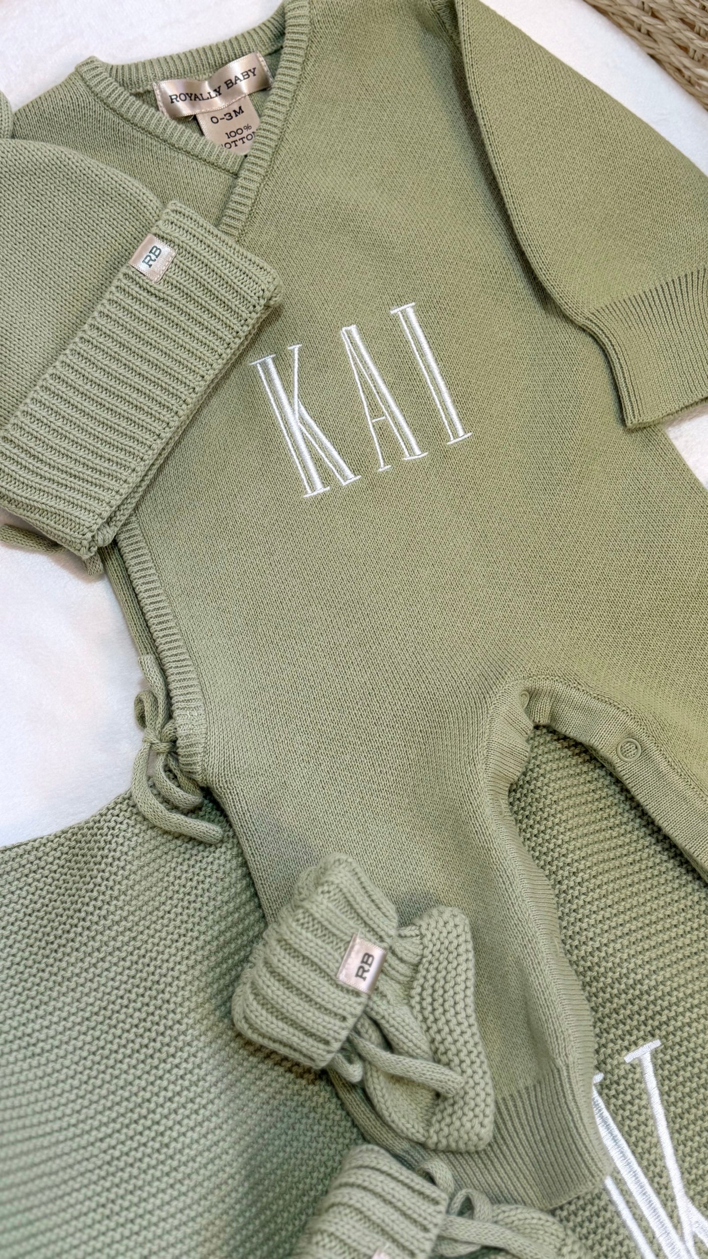 Soft Sage personalized wrap romper with matching bear-ear hat and knit booties