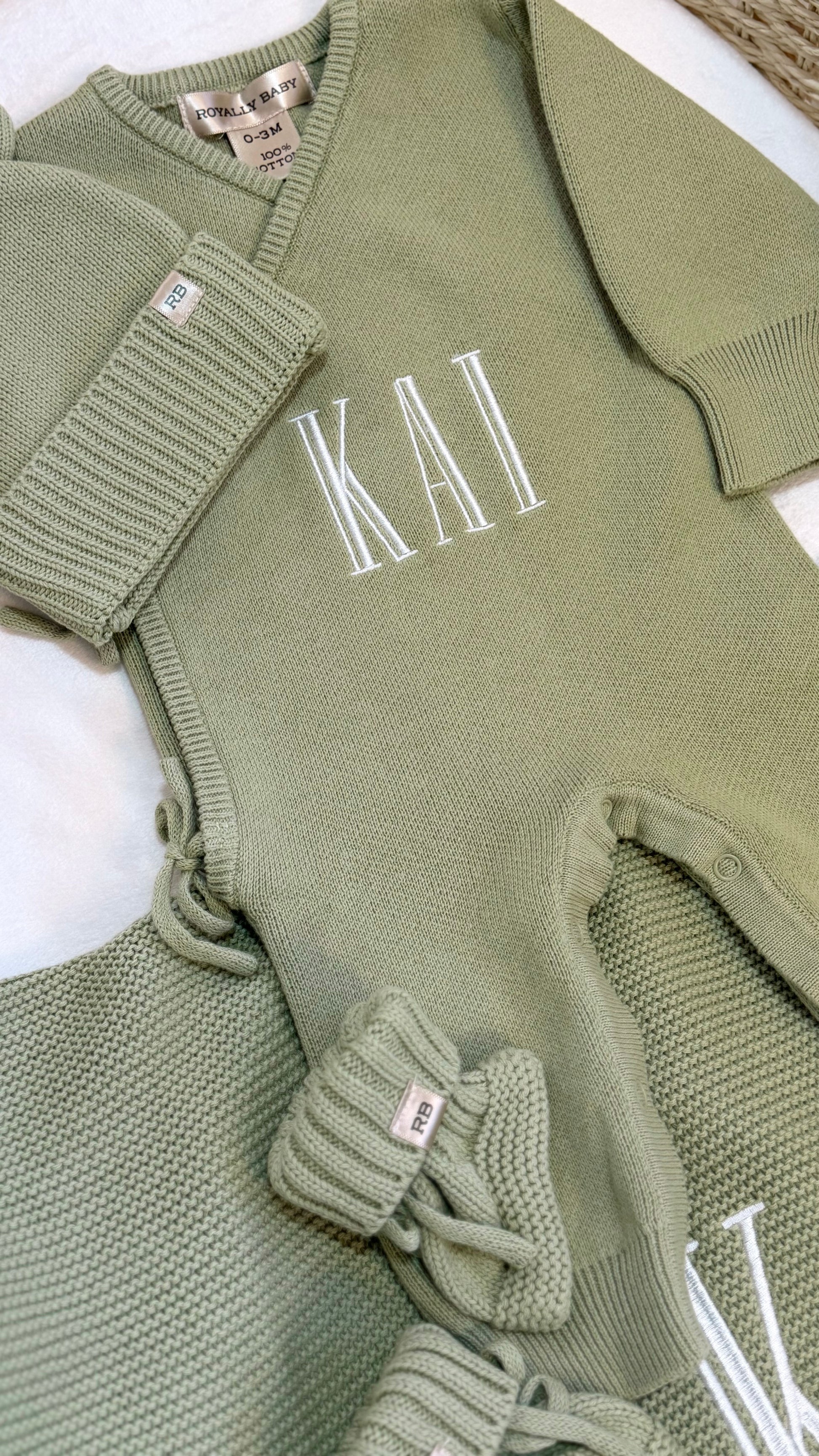 Soft Sage personalized wrap romper with matching bear-ear hat and knit booties