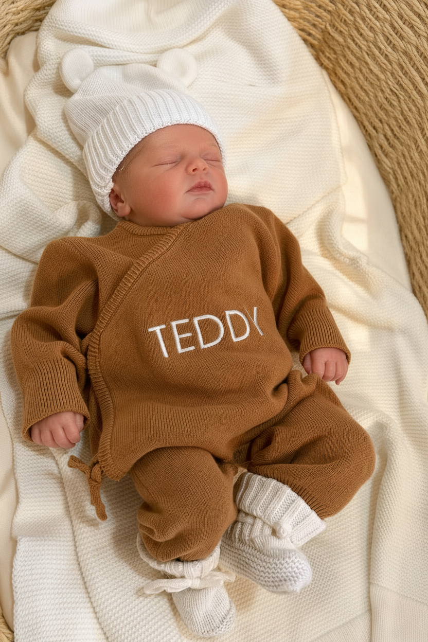 Newborn wearing a personalized Teddy Brown Classic Knit Romper with a coordinating knit hat and booties