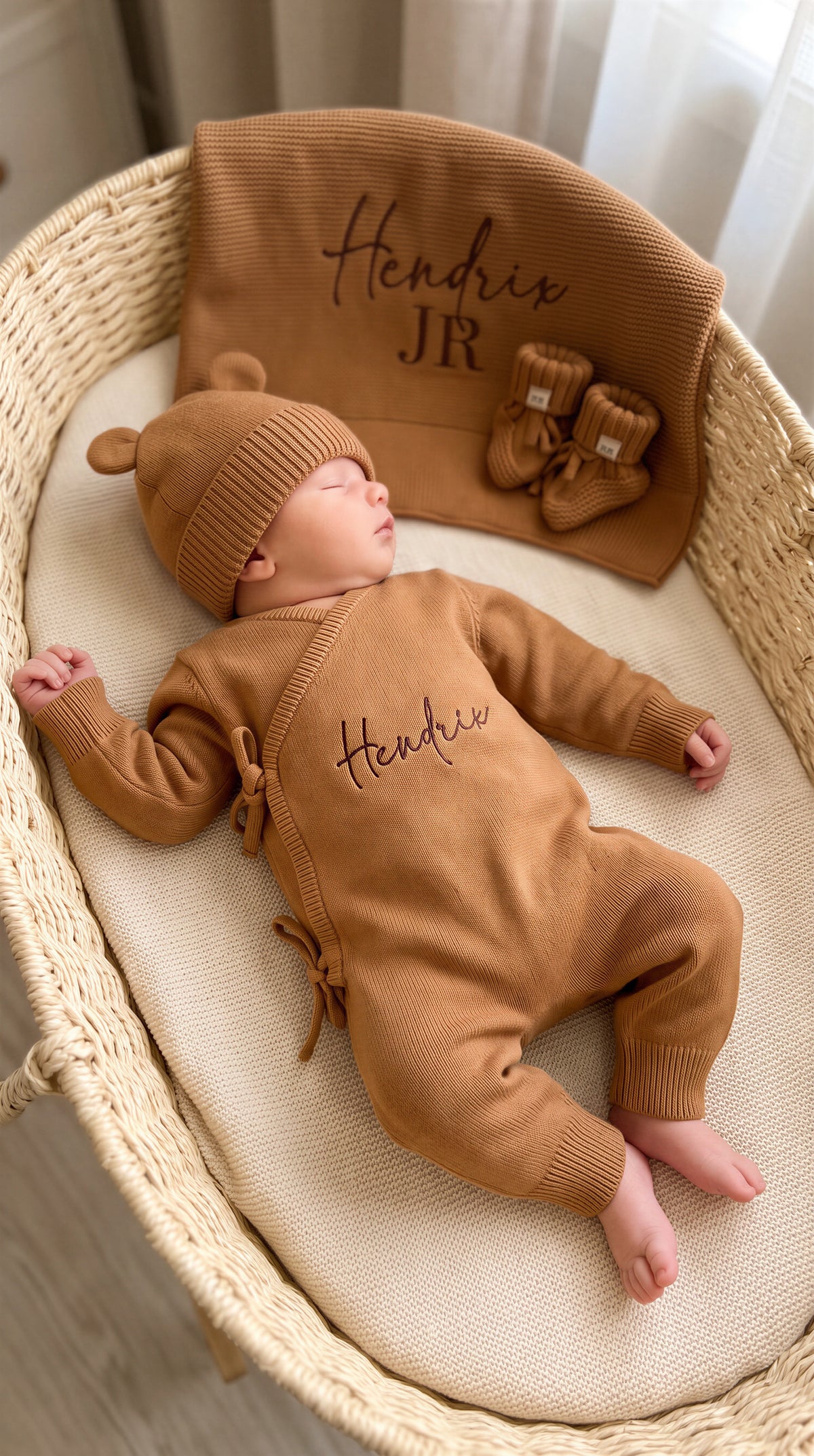 Newborn wearing a personalized Teddy Brown kimono romper beside the matching name blanket, bear-ear hat, and booties