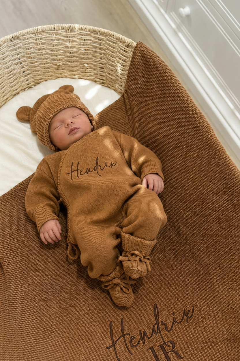 Personalized Teddy Brown newborn romper styled with the matching Classic Knit Blanket