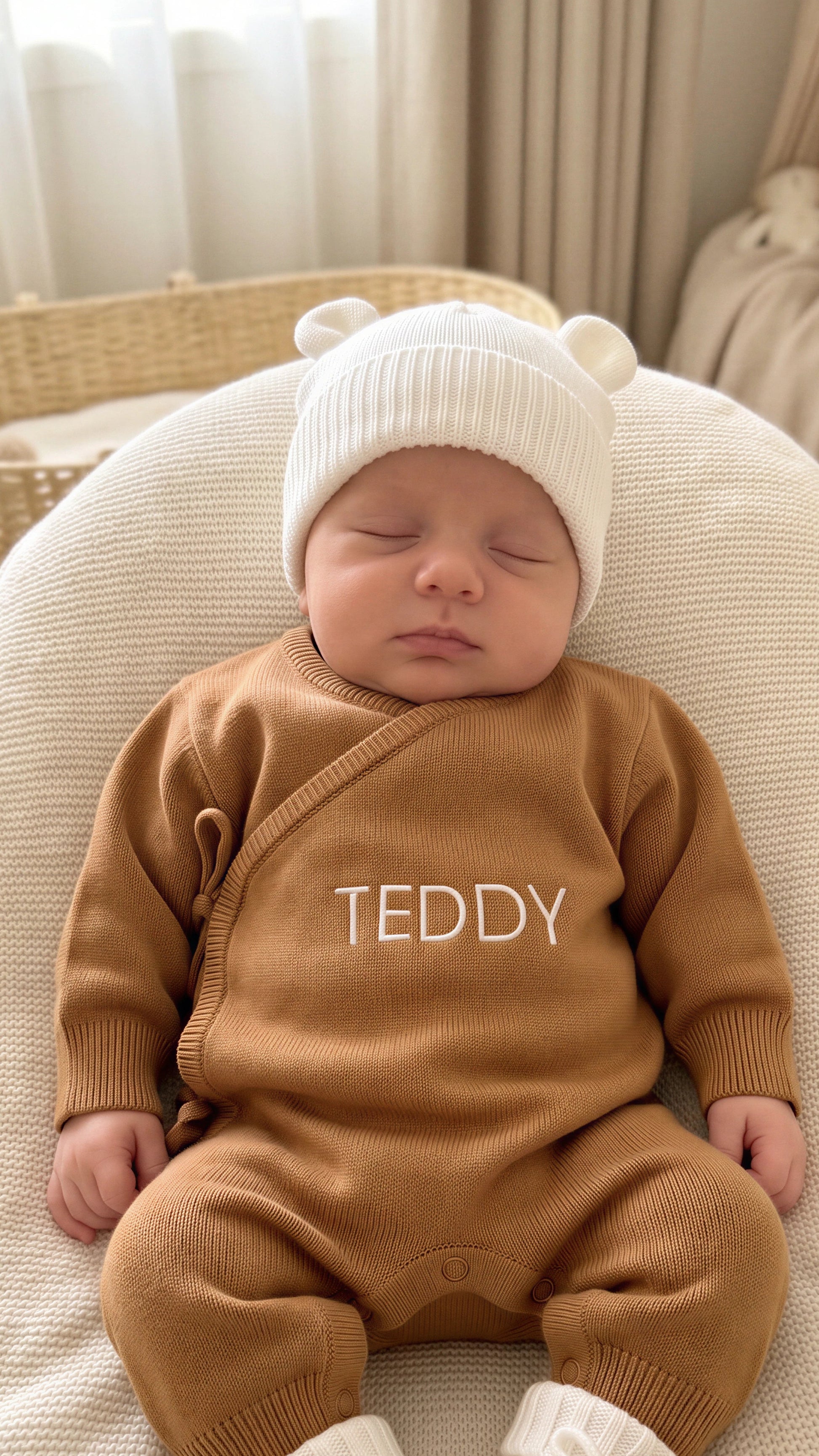 Newborn wearing a personalized Teddy Brown knit romper with a Warm White bear-ear hat and matching knit booties.