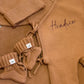 Personalized Teddy Brown romper set with bear-ear hat and matching knit booties