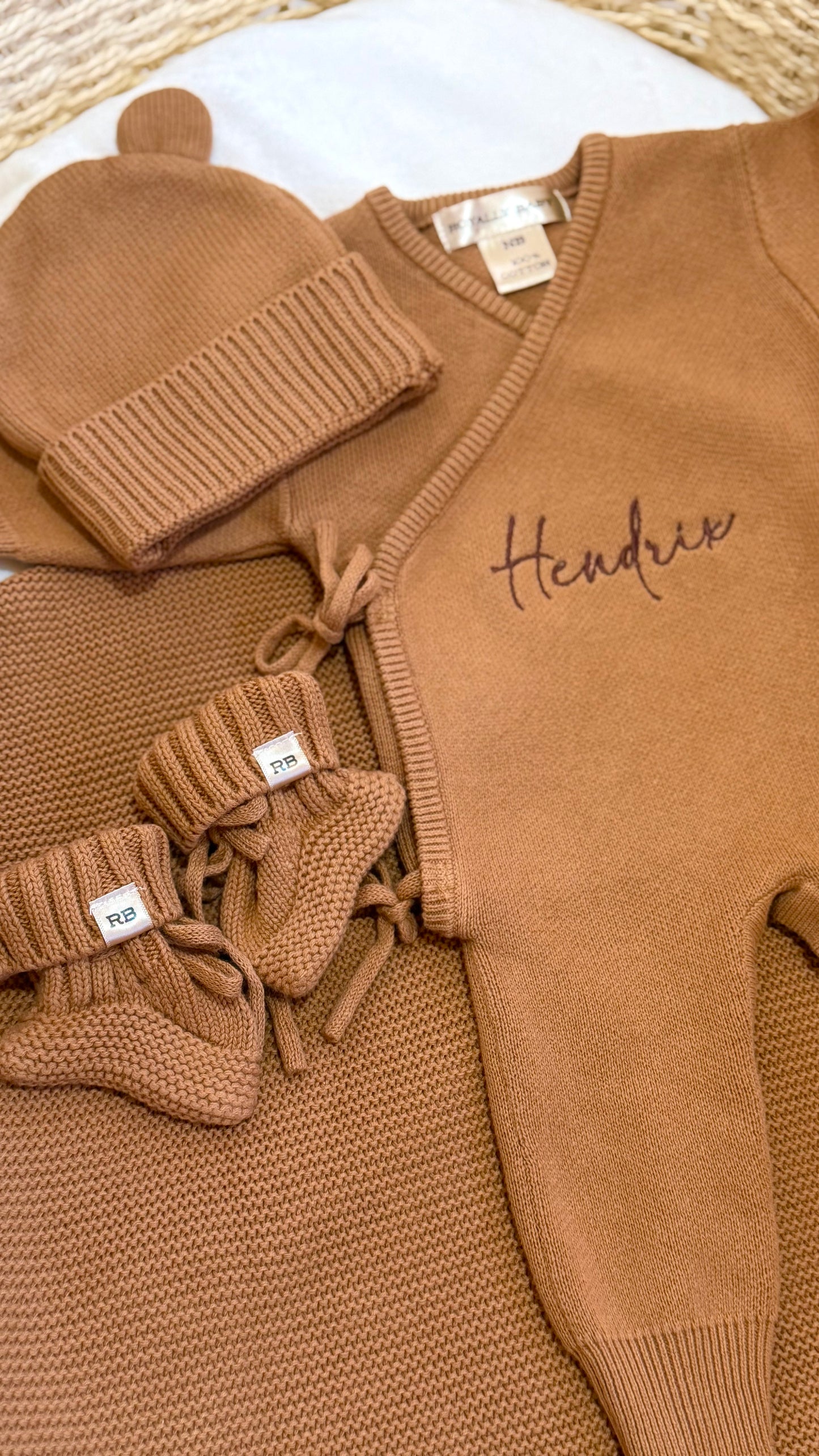 Personalized Teddy Brown romper set with bear-ear hat and matching knit booties