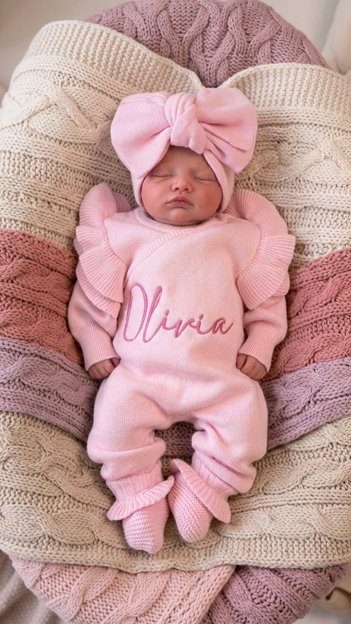 Newborn wearing a personalized petal pink Butterfly romper set with matching bow and ruffle booties.